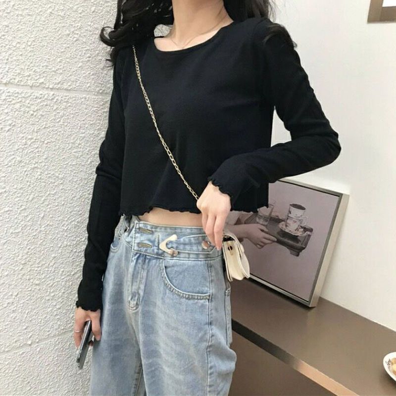 Ins super hot short T-shirt for women in spring, autumn and winter, high-waisted long-sleeved bottoming shirt, Korean style trendy navel-baring loose top