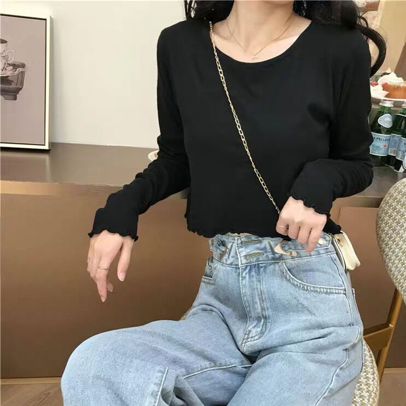 Ins super hot short T-shirt for women in spring, autumn and winter, high-waisted long-sleeved bottoming shirt, Korean style trendy navel-baring loose top