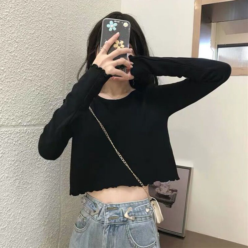 Ins super hot short T-shirt for women in spring, autumn and winter, high-waisted long-sleeved bottoming shirt, Korean style trendy navel-baring loose top