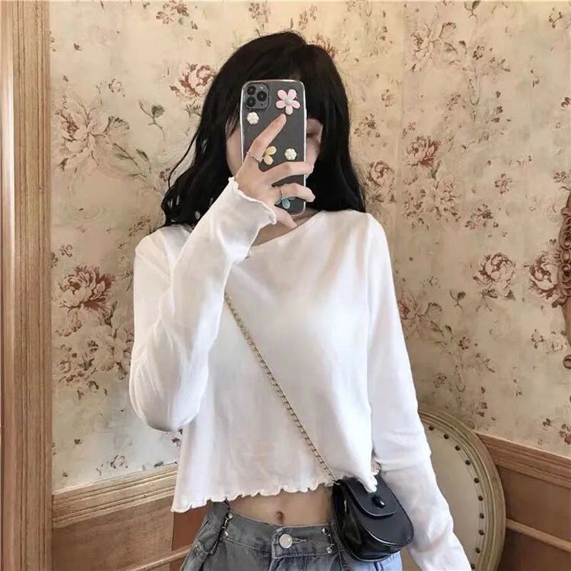 Ins super hot short T-shirt for women in spring, autumn and winter, high-waisted long-sleeved bottoming shirt, Korean style trendy navel-baring loose top