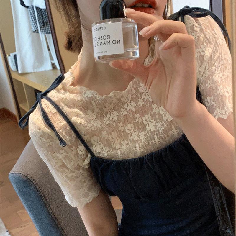 蕾絲打底衫女夏季別致短袖學生網紗薄款內搭吊帶裙紗衣t恤上衣潮