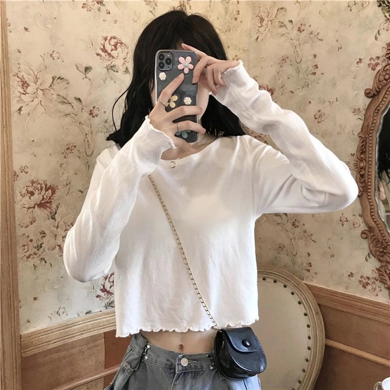 Ins super hot short T-shirt for women in spring, autumn and winter, high-waisted long-sleeved bottoming shirt, Korean style trendy navel-baring loose top