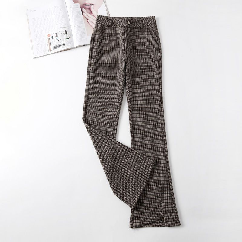 Bell-bottomed pants women's plaid micro-flared pants drop feeling  autumn and winter new high waist slimming all-match fashion woolen casual