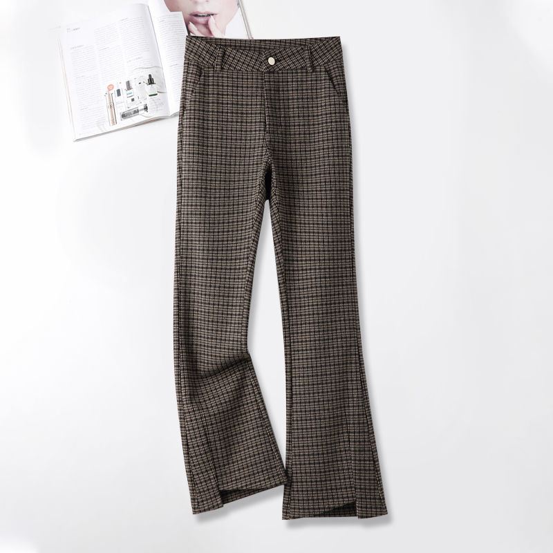 Bell-bottomed pants women's plaid micro-flared pants drop feeling  autumn and winter new high waist slimming all-match fashion woolen casual