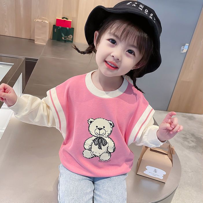 女童春秋裝假兩件衛衣2023女寶寶韓版兒童套頭衫洋氣小女孩上衣