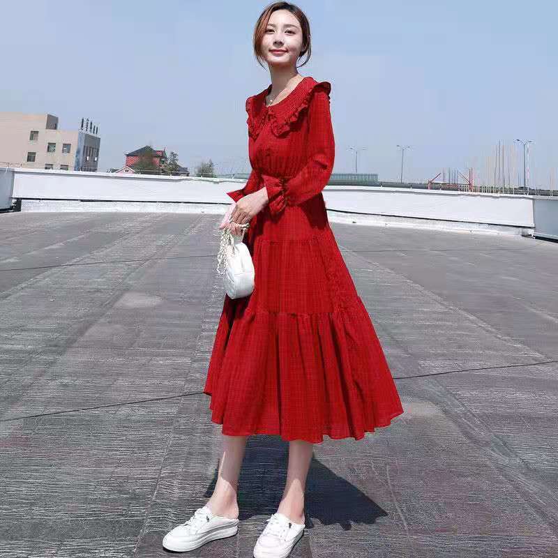 長裙女夏2022新款韓版氣質收腰顯瘦雪紡連衣裙紅色超仙娃娃領裙子