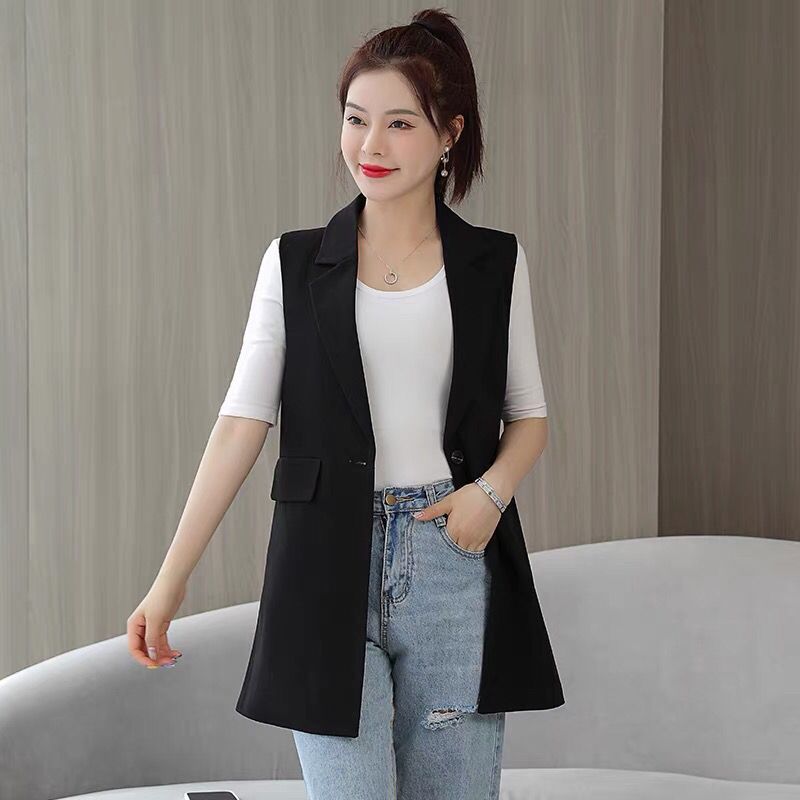 Vest female spring and autumn Korean version  new autumn dress foreign style medium length suit waistcoat sleeveless coat women's Vest