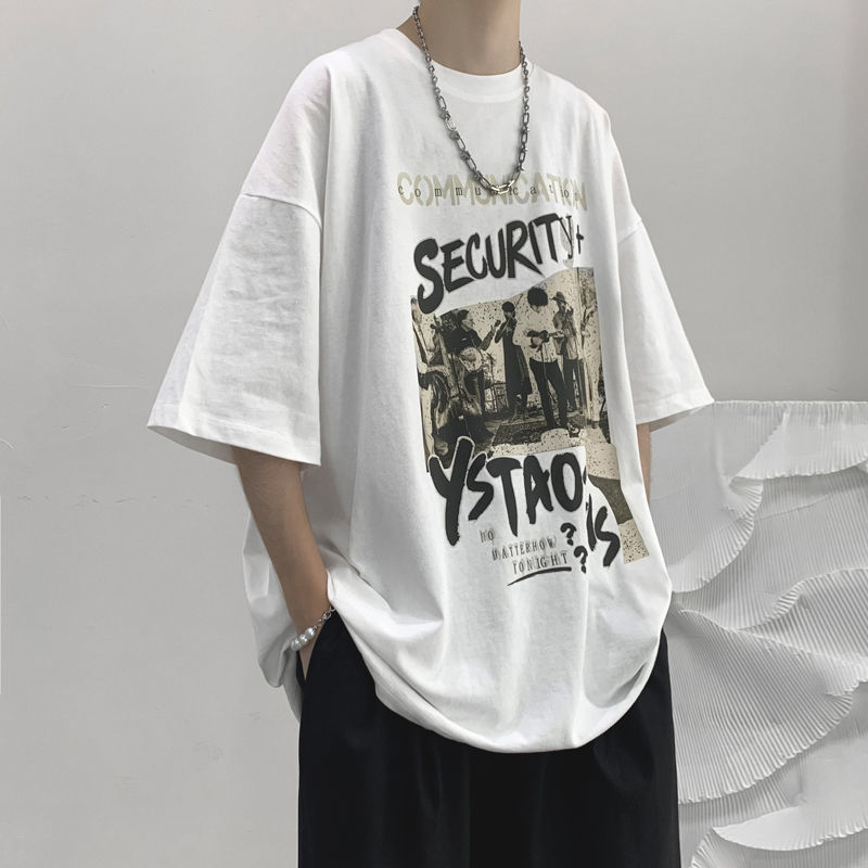 100% pure cotton Hong Kong style summer printed short-sleeved T-shirt for male students, loose and trendy ins versatile casual half-sleeved T-shirt
