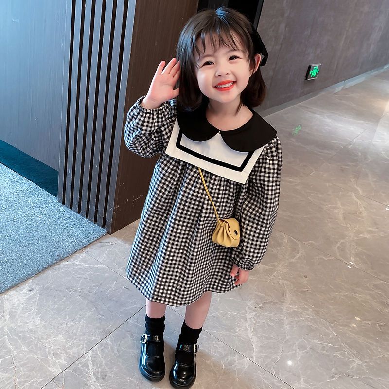 女童裙子秋裝2023新款韓版洋氣學院風秋季長袖兒童純棉格子連衣裙