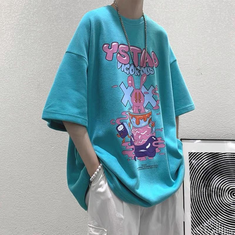 [two piece set] cartoon graffiti short sleeve t-shirt men's summer tide brand ins Hong Kong Style loose and versatile half sleeve set