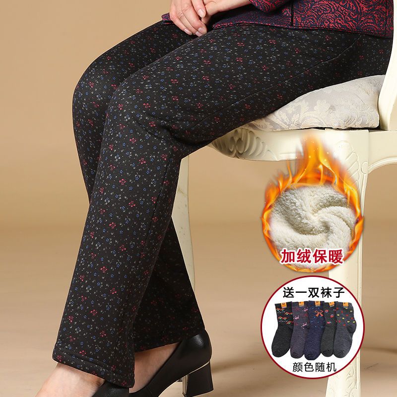 Elderly women's pants plus velvet and thickened grandma's lamb velvet pants loose elderly mother elastic waist trousers for outerwear