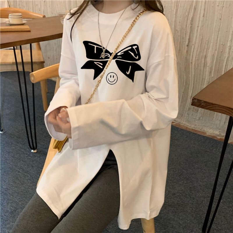Pure cotton slit long-sleeved t-shirt women's autumn new loose all-match thin bottoming shirt outerwear foreign style top ins tide