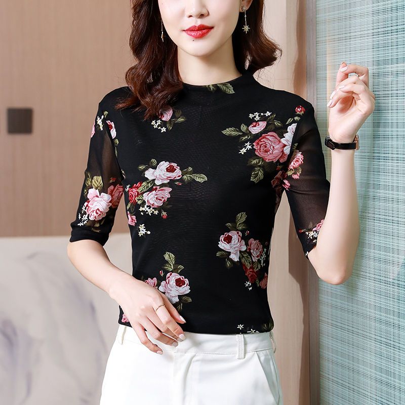 高彈力寬鬆大碼網紗打底衫女2021早秋新款立領女上衣印花t恤小衫