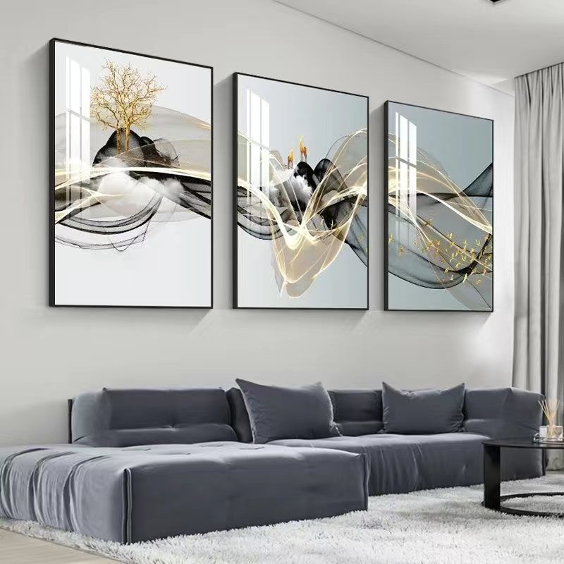 客厅装饰画简约现代沙发背景墙三联画北欧风景轻奢晶瓷挂画有框画