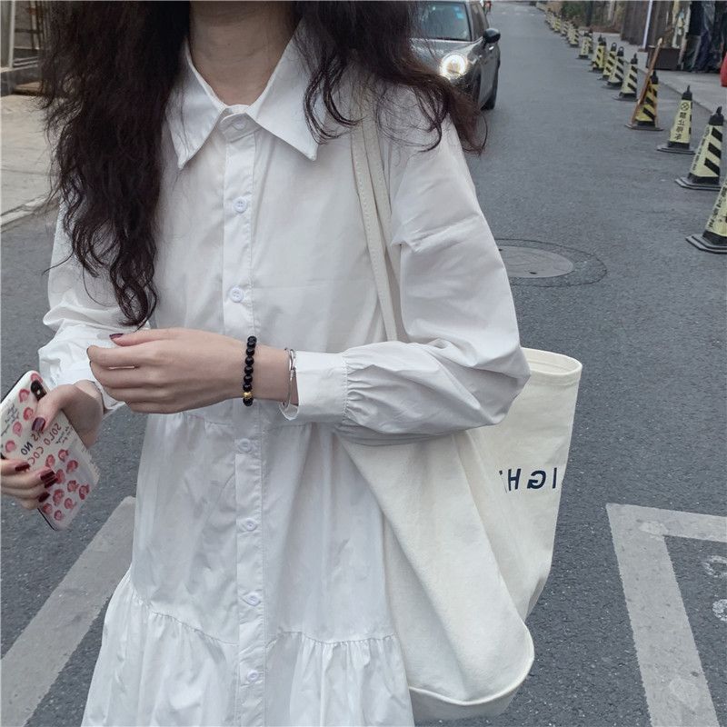 White dress for women, spring and autumn, Korean style, gentle, petite baby doll dress, design stitching, long-sleeved A-line shirt dress