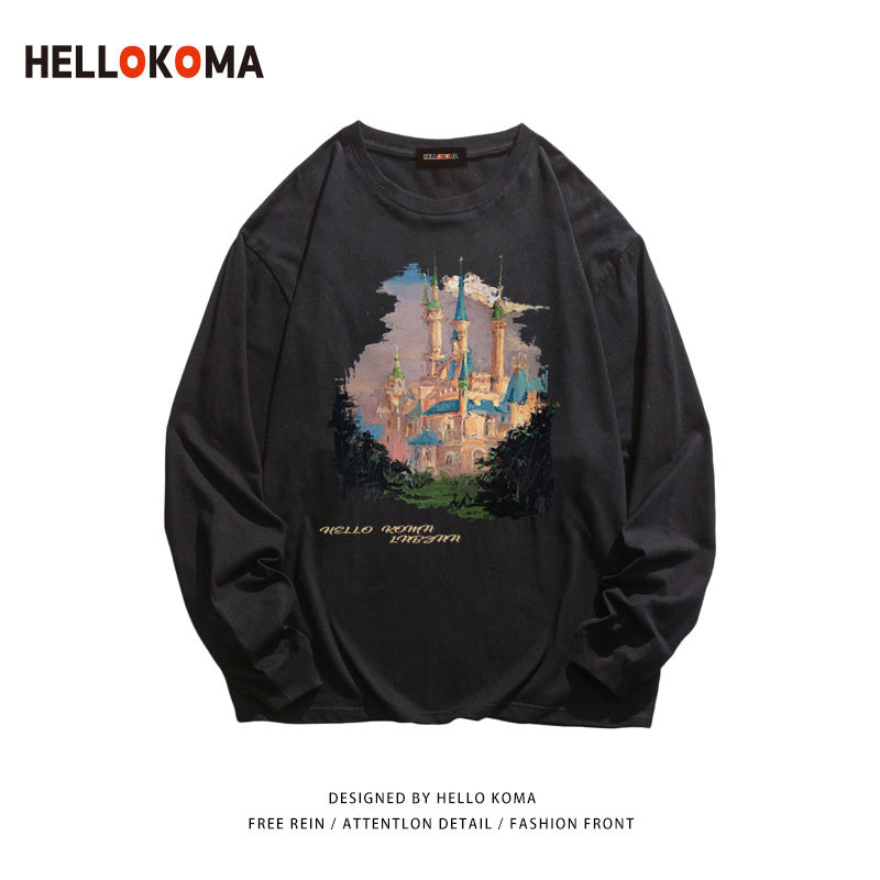 hello koma国潮卡通城堡印花长袖t恤女学生ins情侣宽松百搭上衣【4天