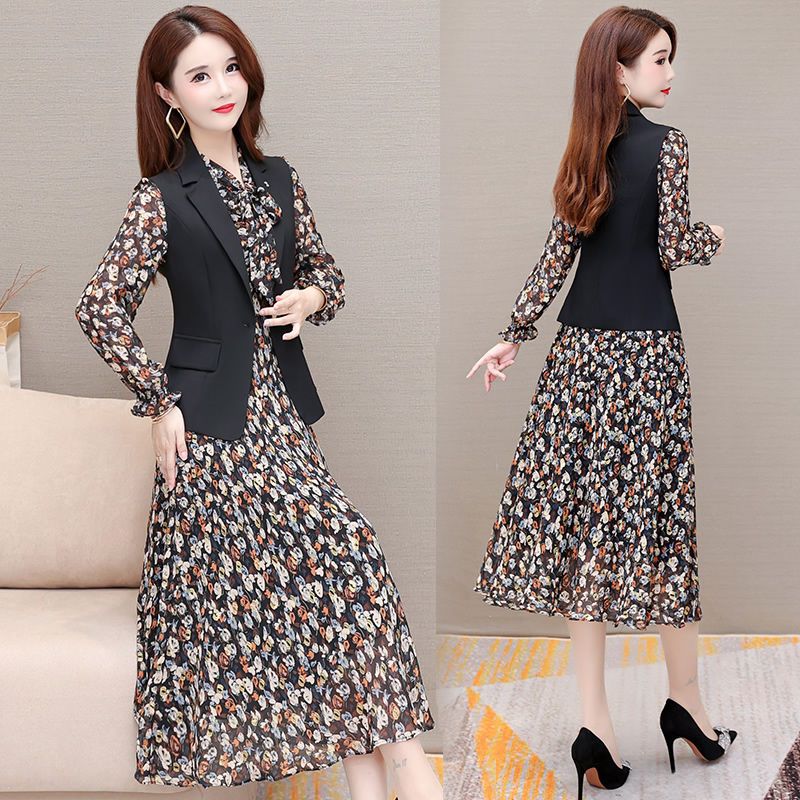 Small suit vest spring suit skirt women  new long sleeve bow Floral Chiffon Dress two piece set