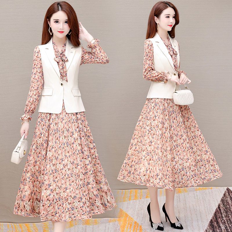 Small suit vest spring suit skirt women  new long sleeve bow Floral Chiffon Dress two piece set