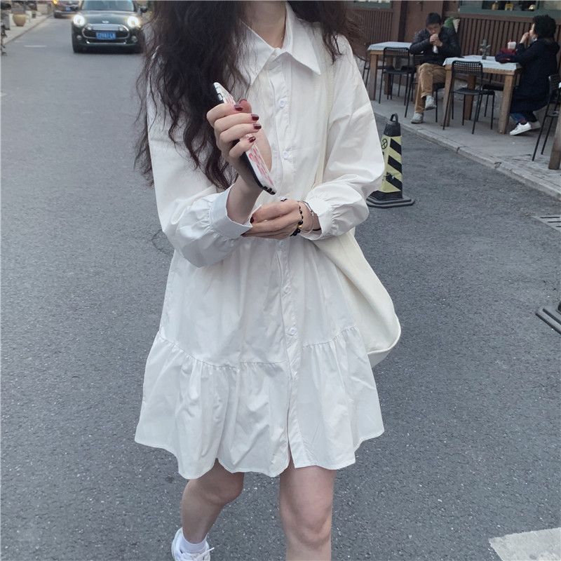 White dress for women, spring and autumn, Korean style, gentle, petite baby doll dress, design stitching, long-sleeved A-line shirt dress