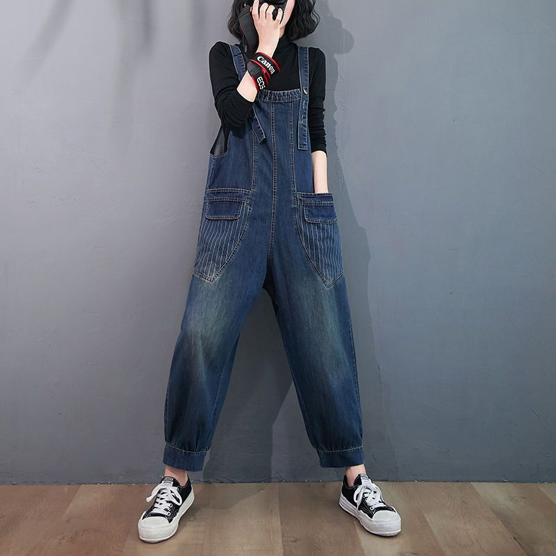 Large size striped patch denim overalls female fat mm Korean version loose straight trousers slim high waist jumpsuit