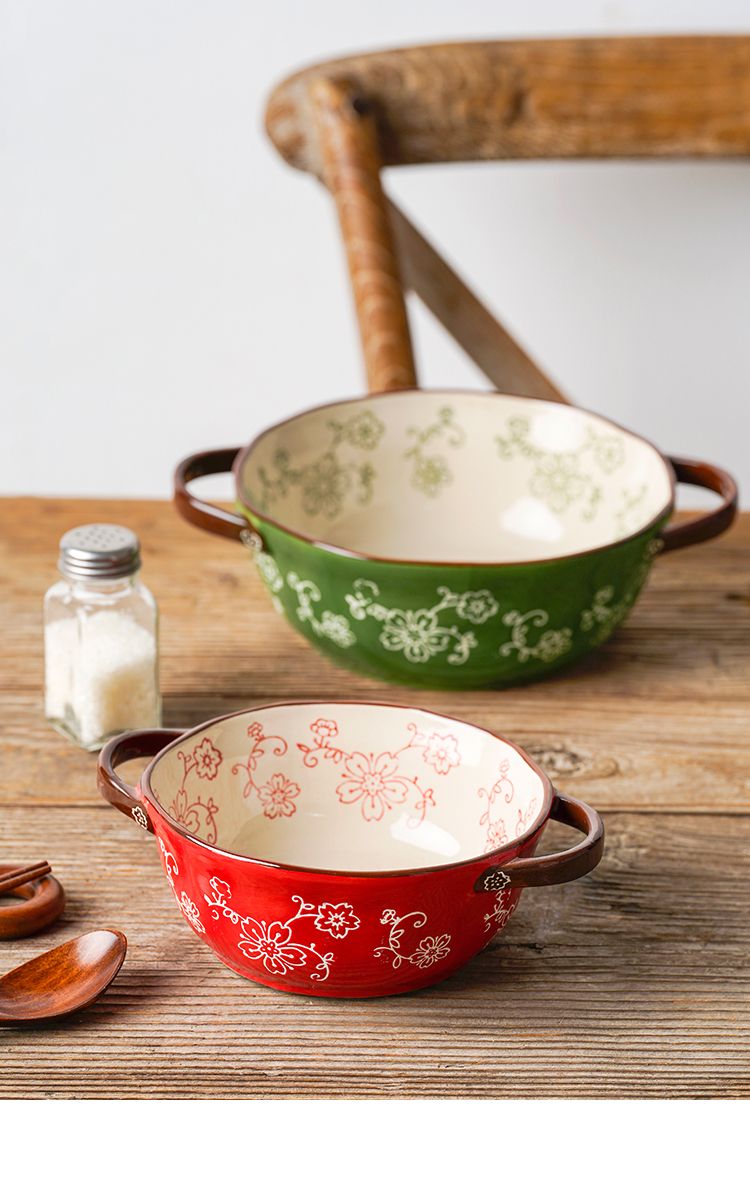 Hand Painted Double Ear Soup Bowl Noodles In Soup Bowl Ceramic Bowl Household Instant Noodle Bowl Salad Bowl High Color Anti Scalding Double Ear Bowl_voghion.com