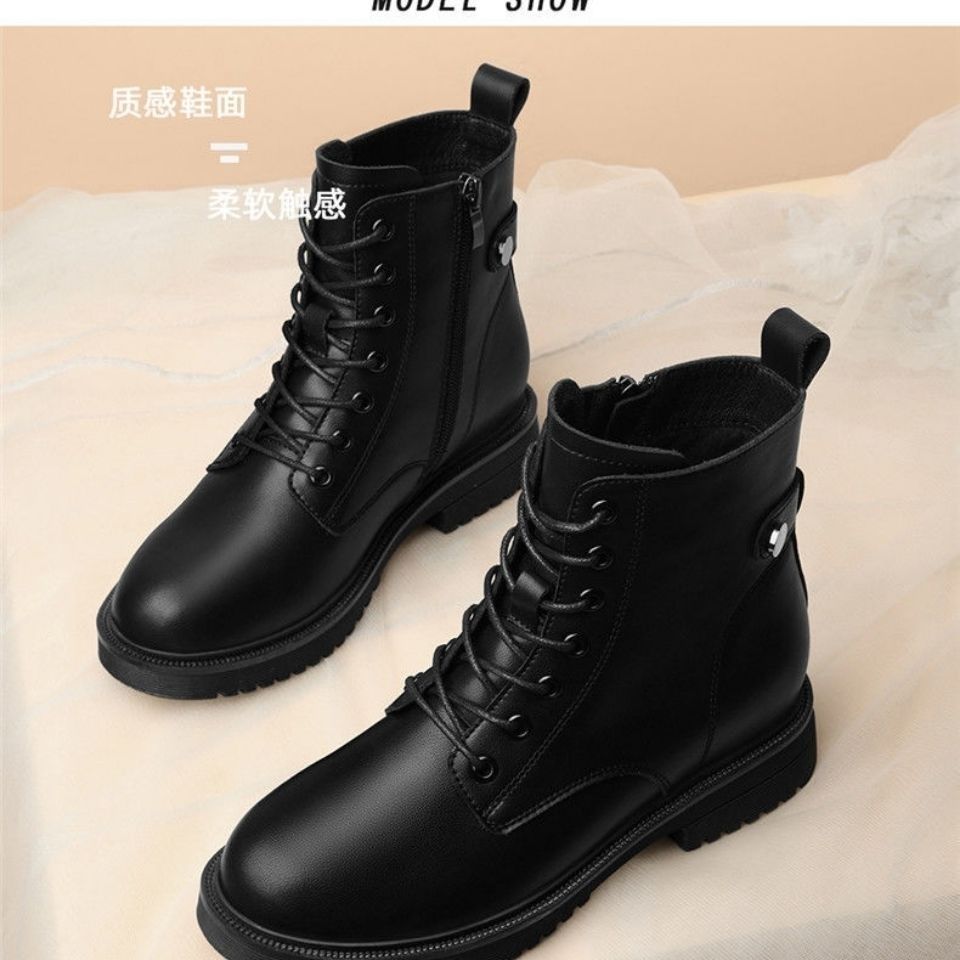 Real soft leather short boots women's  autumn and winter new Martin boots women's fleece all-match flat bottom warm and thin chunky heel leather shoes