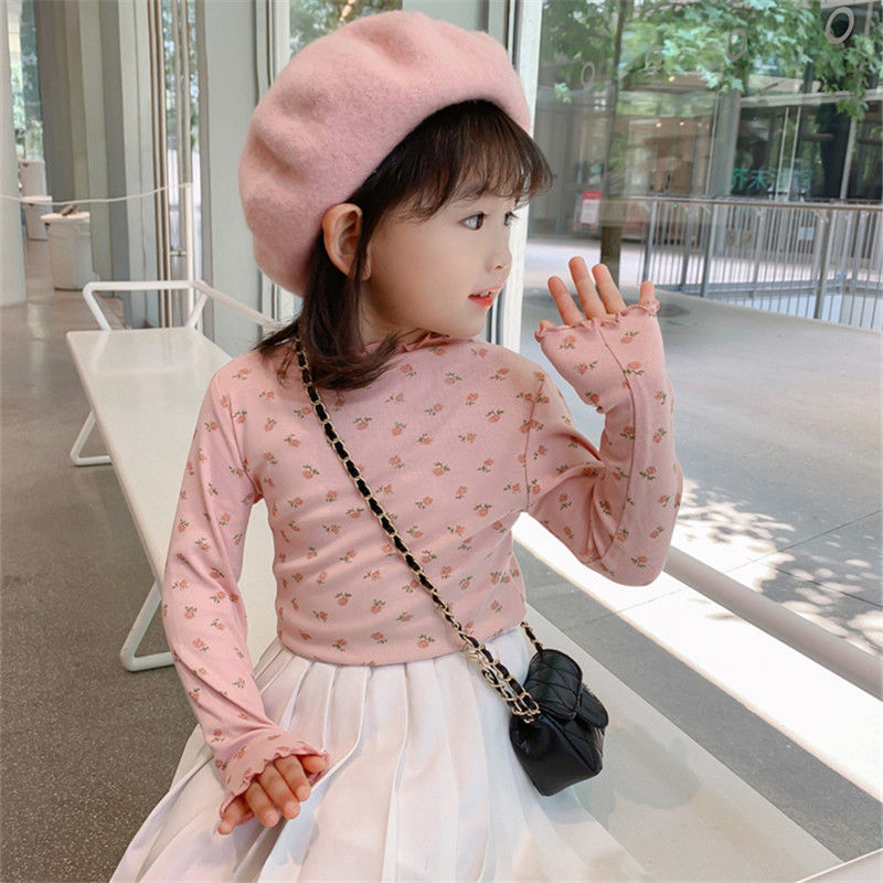 Girls autumn clothing 2023 new children's long-sleeved T-shirt spring and autumn half turtleneck floral bottoming shirt baby fashionable top