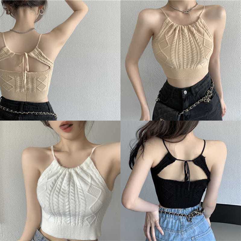 Vest female inner wear autumn outer wear white suspenders sexy hot girl beautiful back bottoming sleeveless hanging neck knitted top trendy