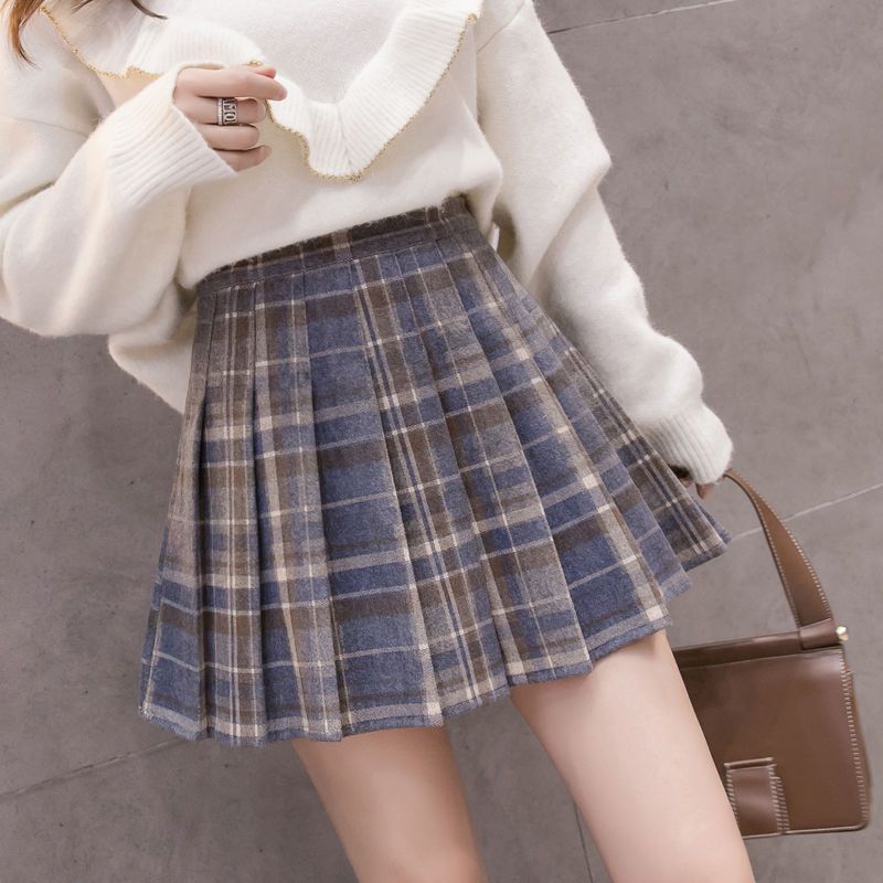 88772-毛呢料格子百褶裙女2021秋冬季高腰a字显瘦短裙学院百搭半身裙子-详情图
