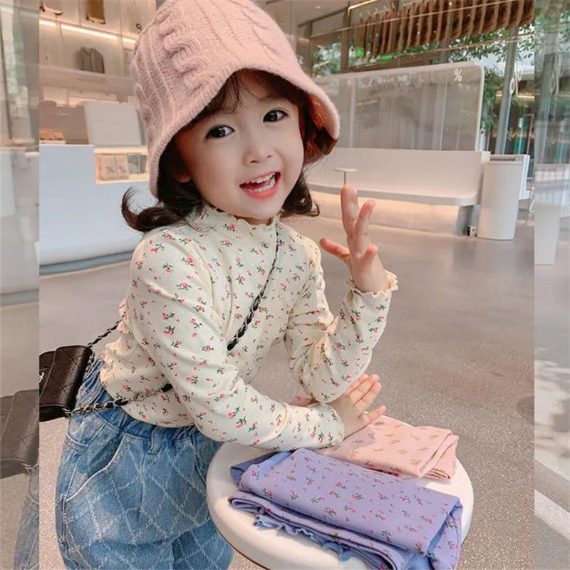 Girls autumn clothing 2023 new children's long-sleeved T-shirt spring and autumn half turtleneck floral bottoming shirt baby fashionable top