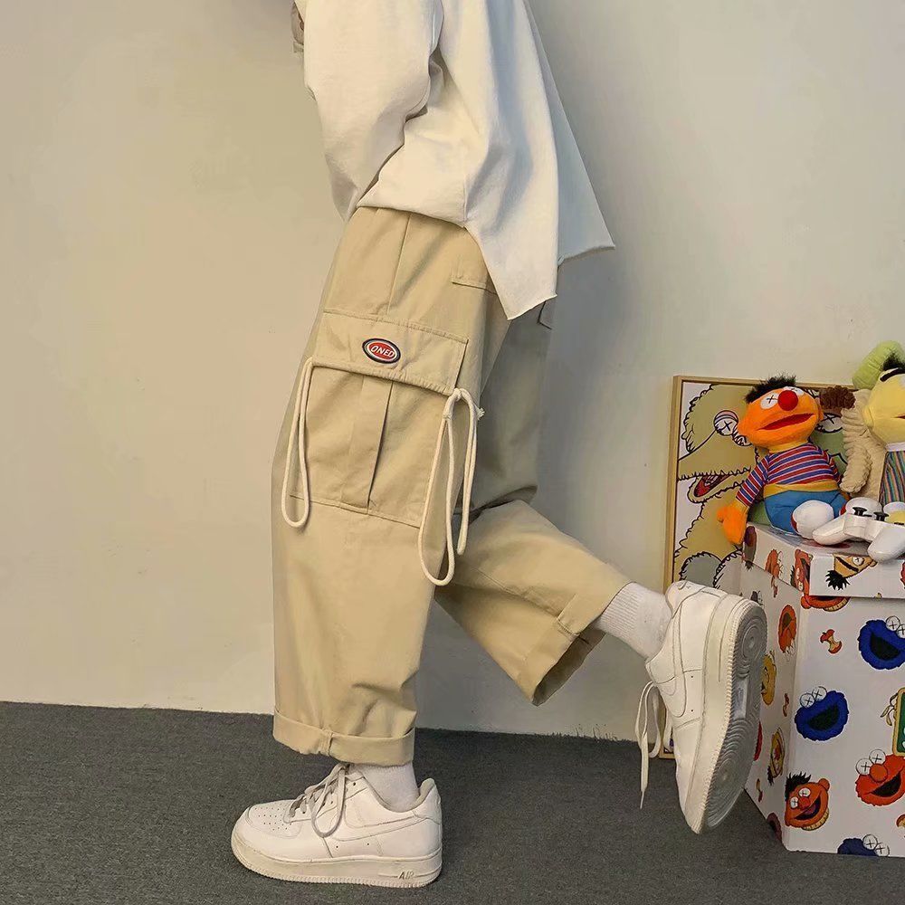 港風春秋季潮牌寬鬆百搭闊腿褲男墜感直筒日系休閒褲嘻哈工裝褲男