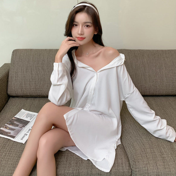 Autumn nightdress women's long-sleeved thin section sexy cardigan nightgown solid color simple Korean version cute pajamas net red home service