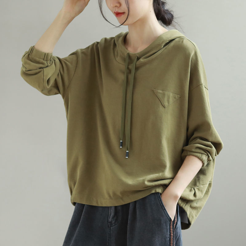 純棉連帽薄衛衣女2023春秋新款文藝時尚休閒套頭系帶純色長袖上衣