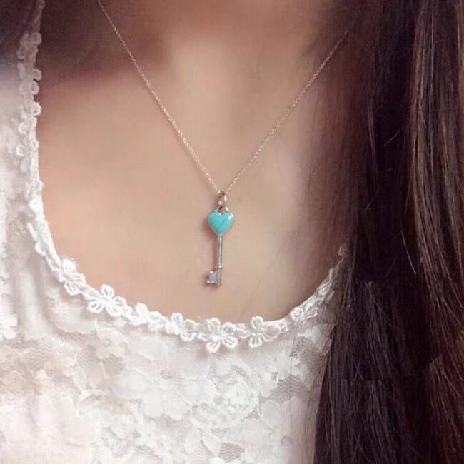 tiffany蒂芙尼女珐琅心形钥匙吊坠锁骨链打开爱的堡垒925纯银