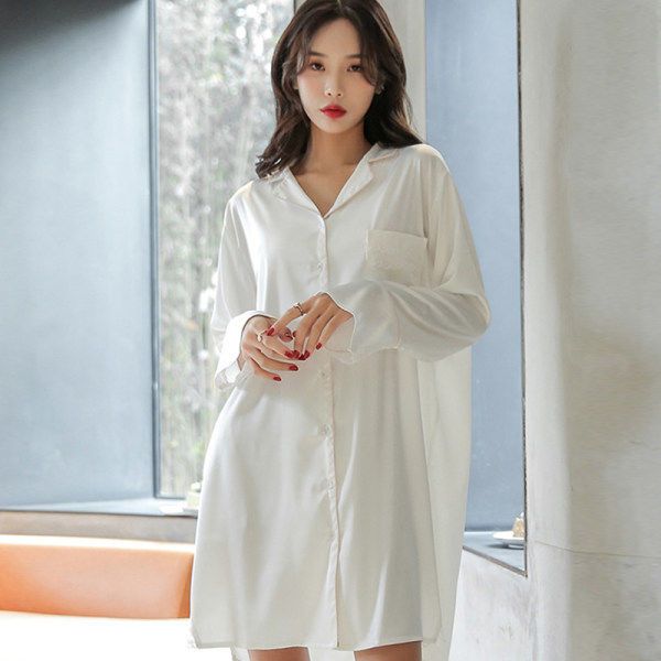 Nightdress women's summer and autumn ice silk sexy loose 2021 new trendy long-sleeved pure white autumn pajamas women's home service