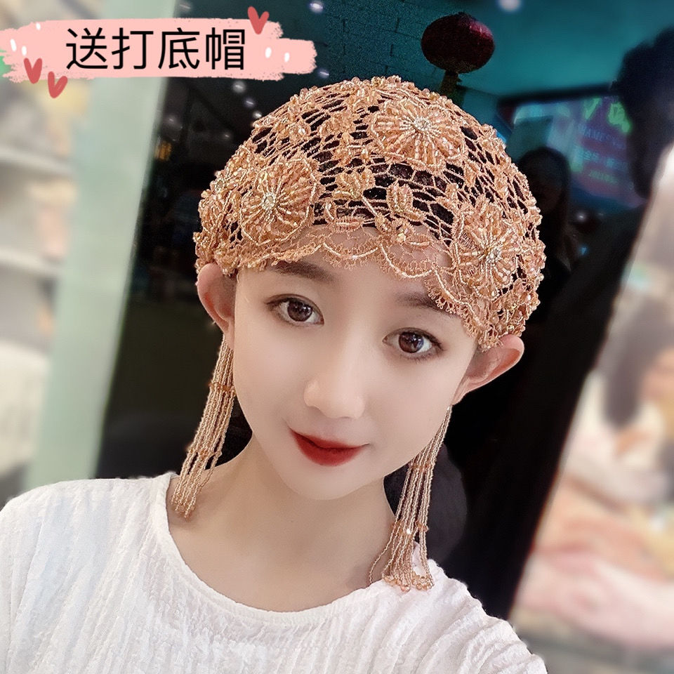 新款穆斯林纱巾帽子金丝线高档蚕丝流苏帽子时尚百搭款回族盖头