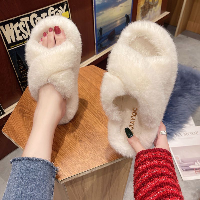 Thick-soled high-heeled fur slippers women's outer wear 2022 autumn and winter new home increase net red fashion wedge loafers