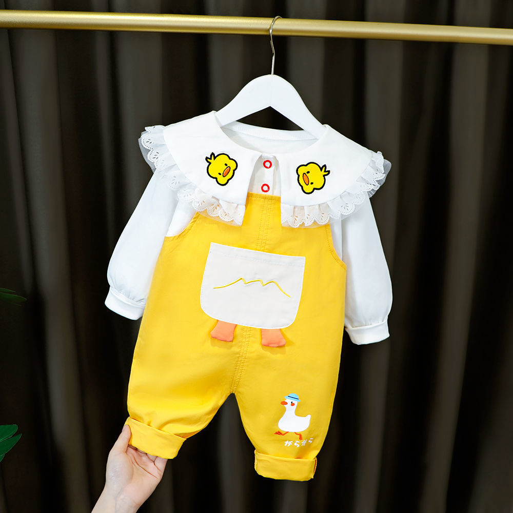 童裝女童新款套裝2023春裝0-3歲女寶寶純色1衣服5-6-7-8個月嬰兒9