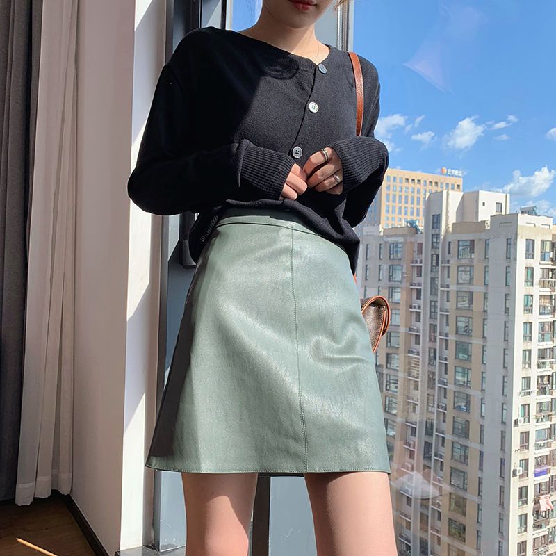 Autumn Leather Skirt  New Black PU Leather Hip Skirt Skirt High Waist Slim Small Skirt Solid Color Leather Skirt for Women