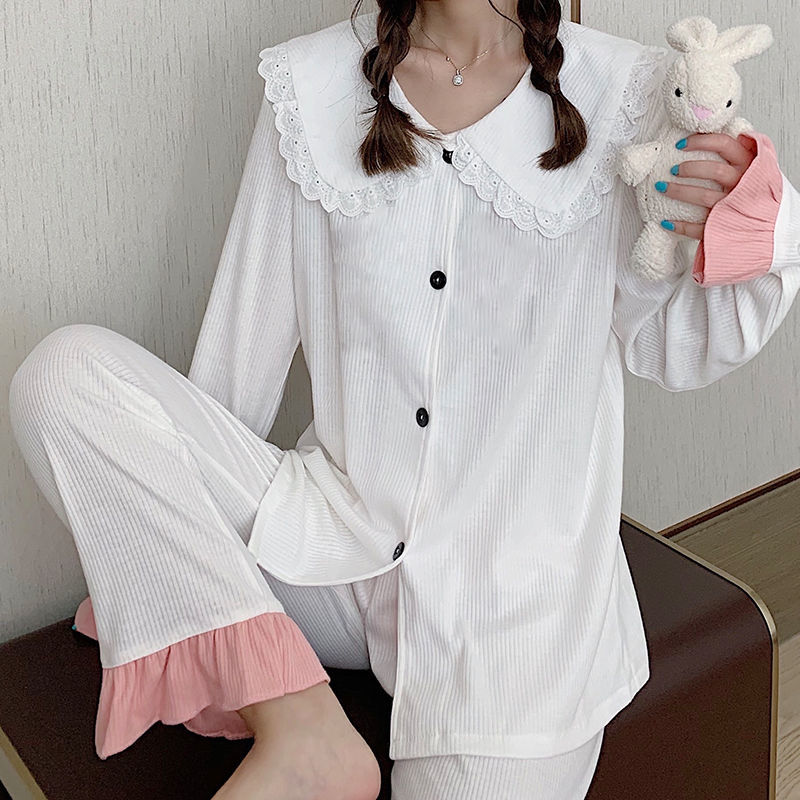 Long-sleeved pajamas women's spring and autumn pure cotton  new autumn students cute princess style cardigan home service suit