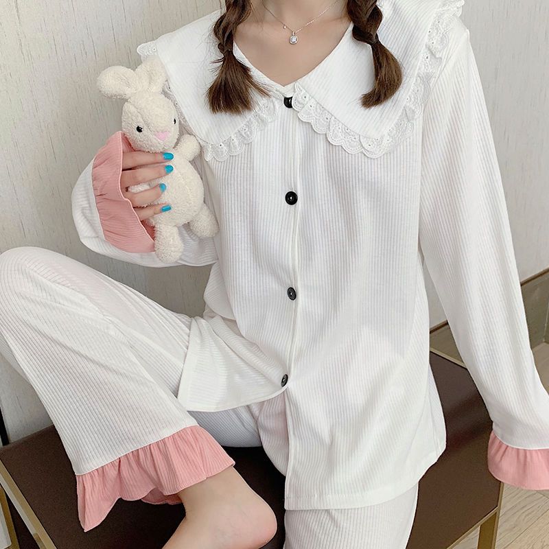 Long-sleeved pajamas women's spring and autumn pure cotton  new autumn students cute princess style cardigan home service suit