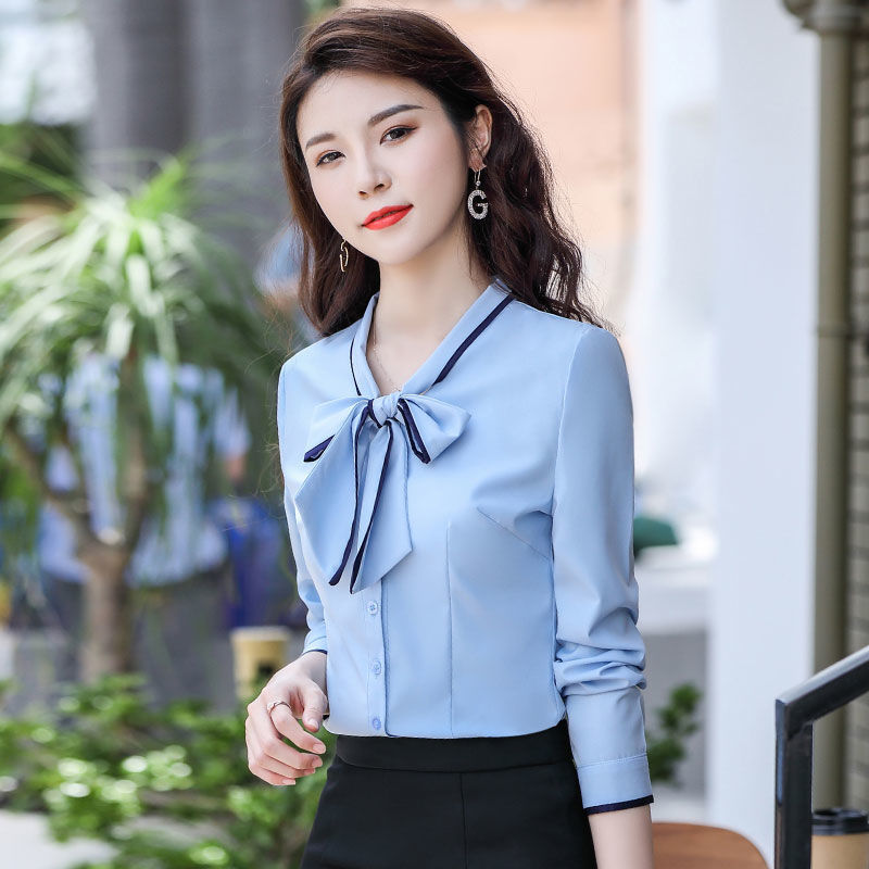 襯衫女長袖職業正裝上衣洋氣綁帶領襯衣珠寶店工裝美容院工作服秋