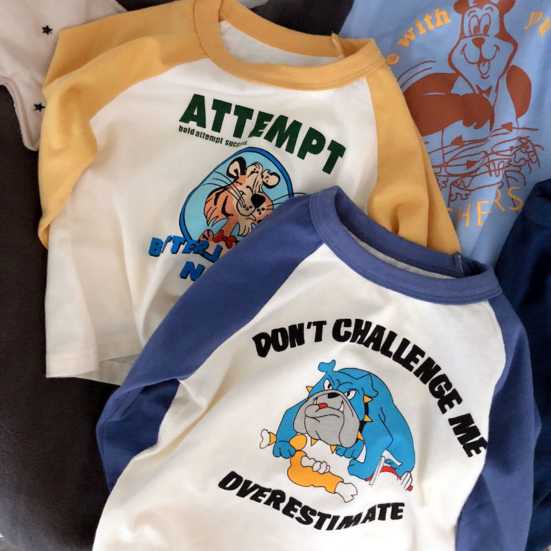 Giant soft and waxy combed elastic cotton boy raglan long-sleeved T-shirt 2022 spring and autumn baby cartoon top bottoming shirt