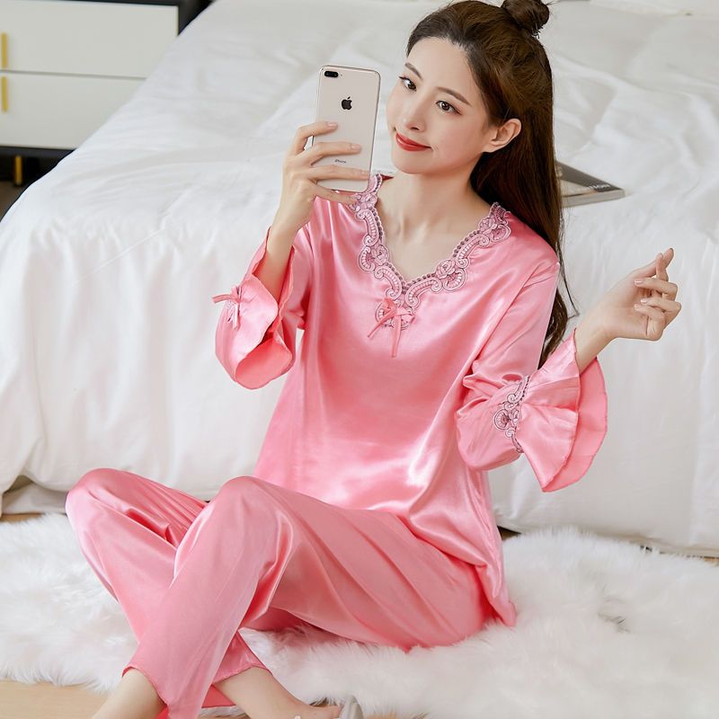 大码丝绸睡衣女春秋长袖长裤高档韩版冰丝睡衣可外穿家居服两件套