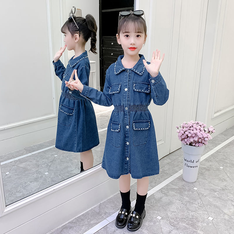女童潮流牛仔風衣2022新款秋裝兒童外套中大童中長款休閒時尚上衣
