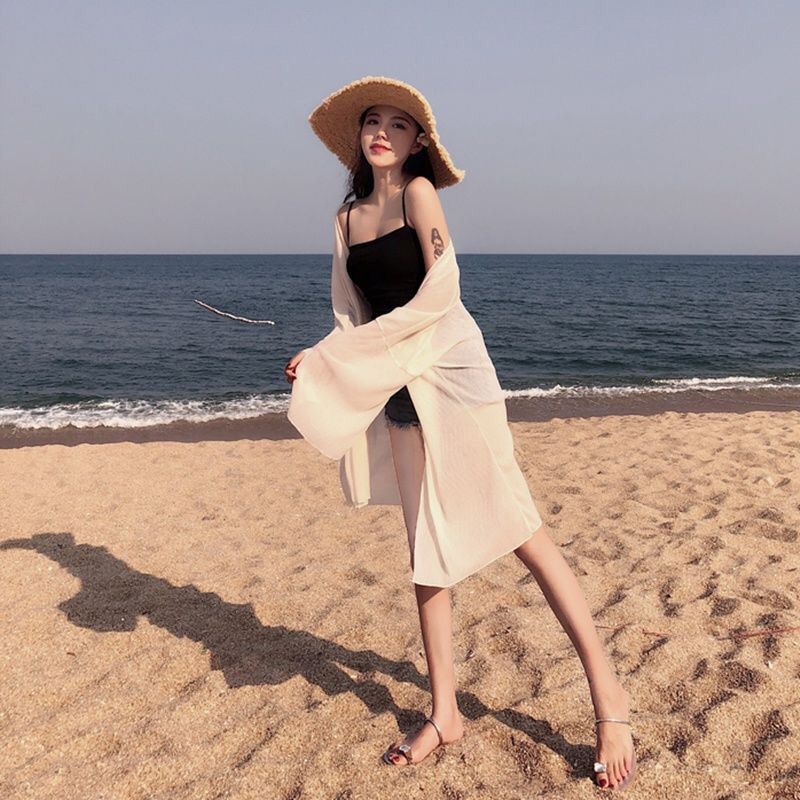 Sun protection clothing seaside women's summer long-sleeved thin section all-match super fairy mid-length outerwear ice silk chiffon cardigan