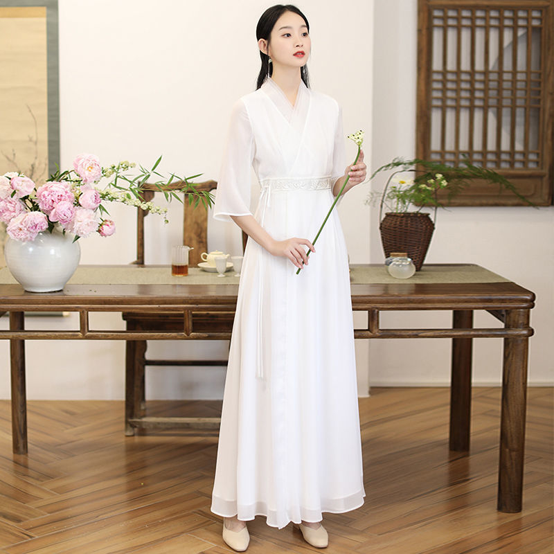New Chinese style cheongsam dress Chinese style retro embroidery self-cultivation improved Hanfu dress chiffon long skirt for women