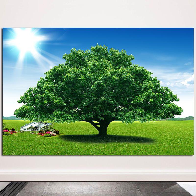 一颗大树壁画绿色叁天榕树客厅装饰画阳光照射大自然风景画聚财画