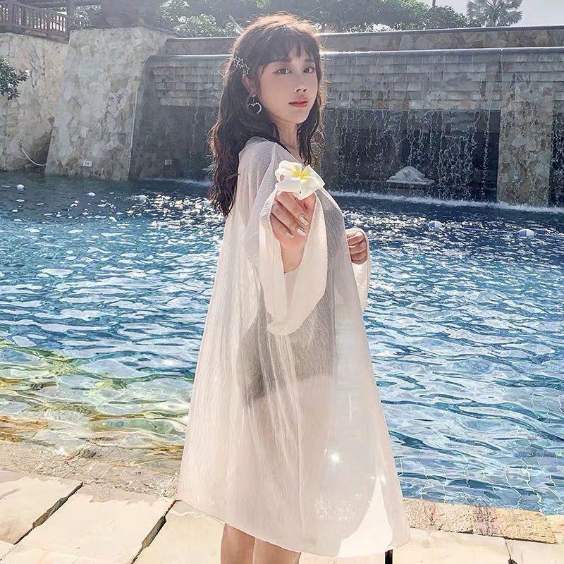 Sun protection clothing seaside women's summer long-sleeved thin section all-match super fairy mid-length outerwear ice silk chiffon cardigan