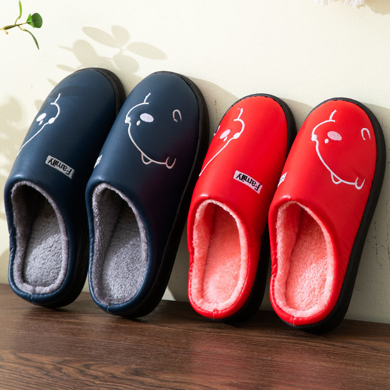 Buy one get one free cotton slippers women's non-slip winter home indoor couple cotton shoes men's thick bottom warm leather slippers